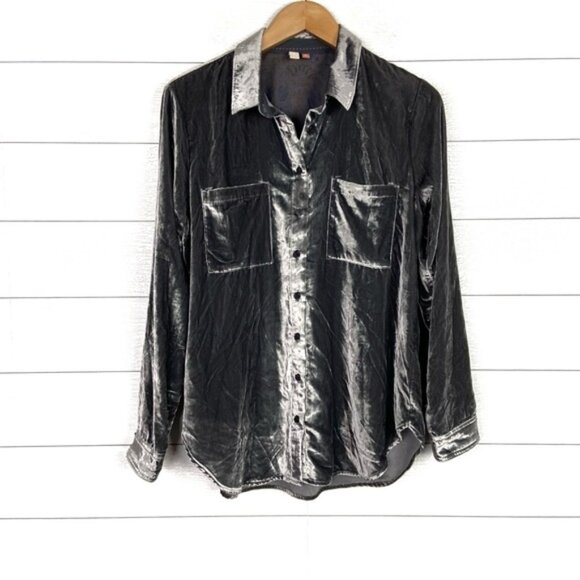 Pilcro Anthropologie Velvet Femme Button Up Shirt Gray Grey Boho Medium - Picture 1 of 4